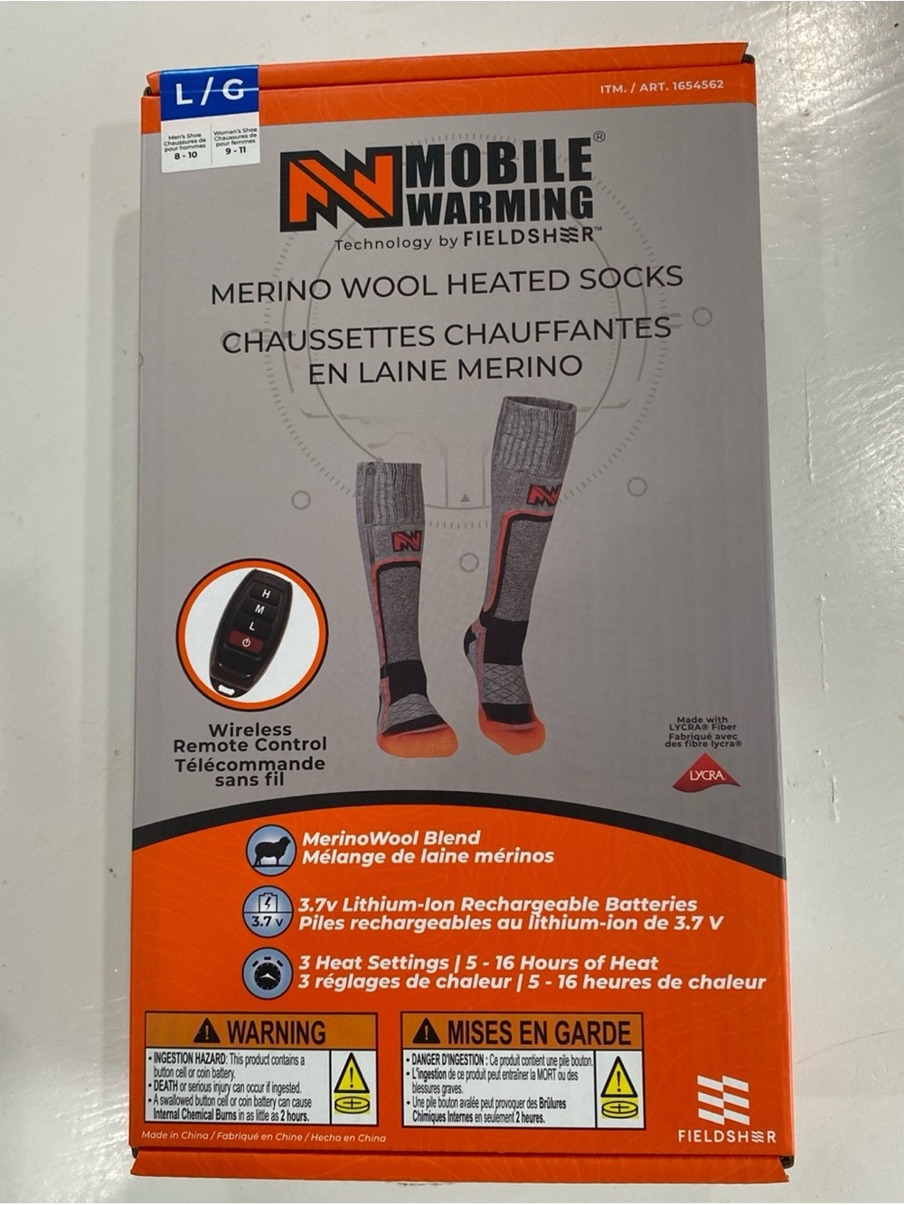 Field Sheer Mobile Warming Merino Wool Heated Socks Unisex Sz L Wireless Remote